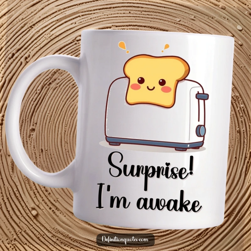 Funny mug shows a smiling piece of toast unexpectedly popping out of a toaster with surprised eyes.