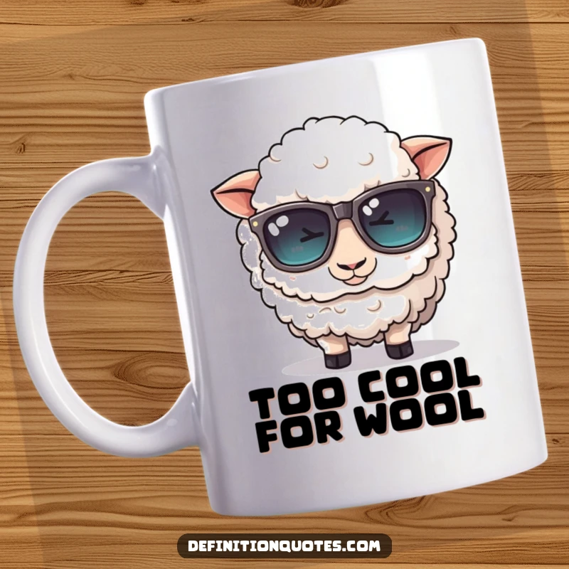 Funny mug: A cute, fluffy sheep character comically attempts to wear oversized sunglasses, looking utterly baffled and stylish.