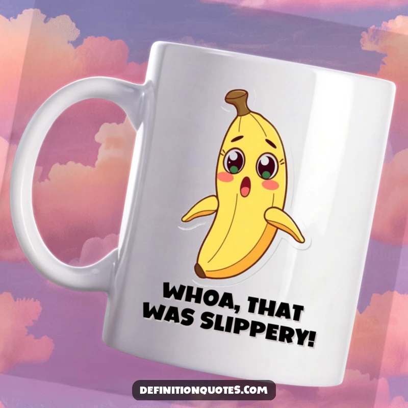 Funny banana mug with wide eyes, shocked by its own peel sliding away, a comical breakfast scene.