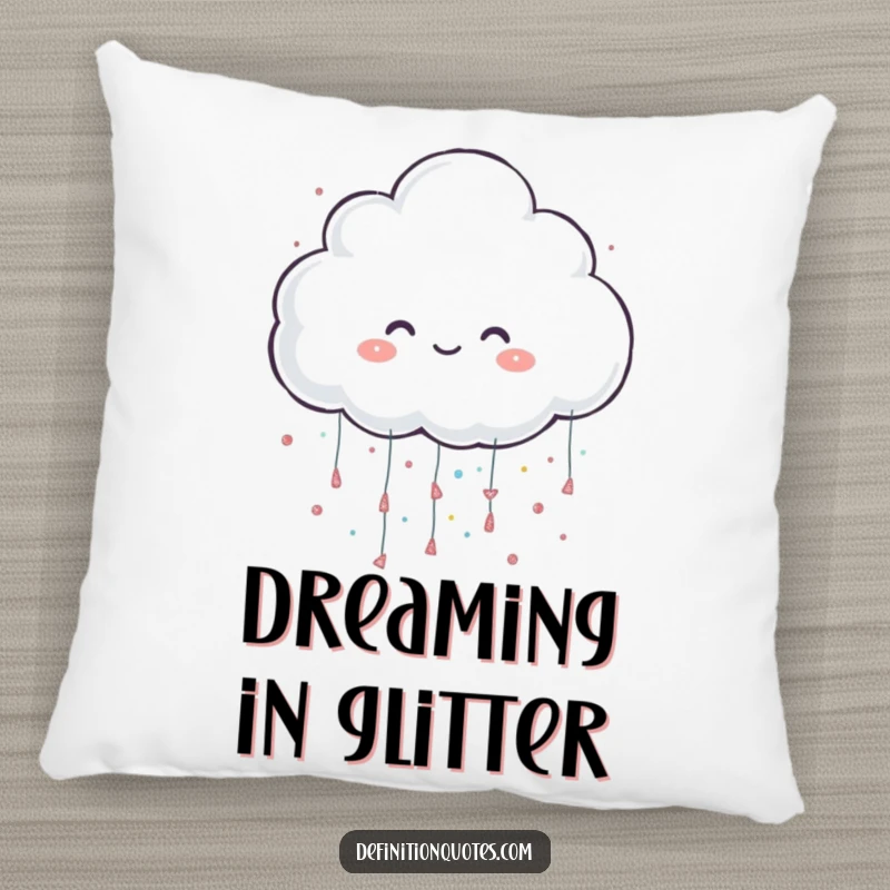Funny pillow with a cheerful cloud character playfully raining oversized glitter, offering comfort and whimsical appeal.