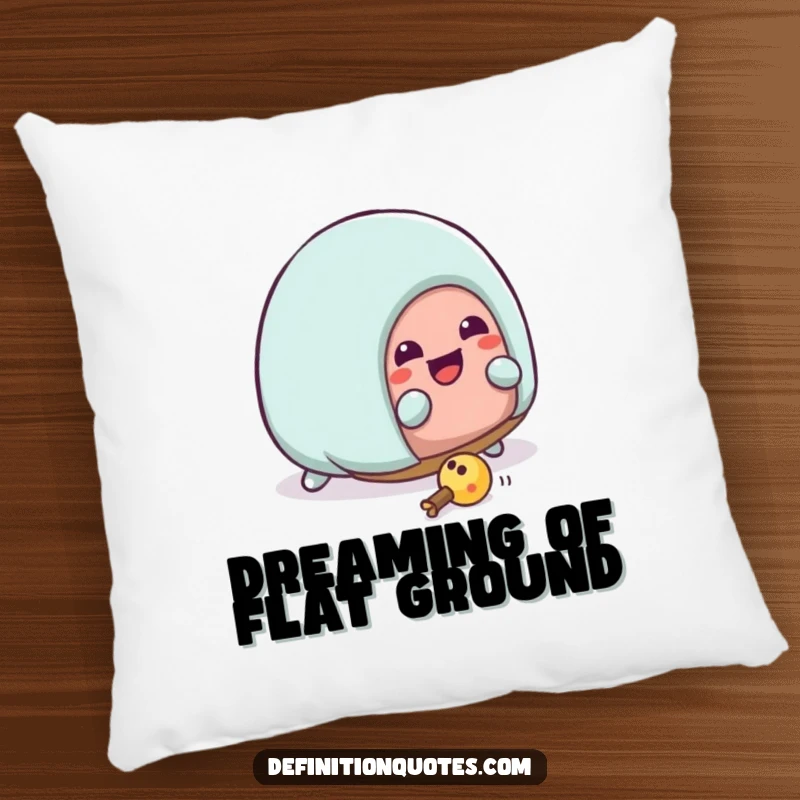 Funny Kawaii house slipper character hilariously tripping over its laces on a soft, decorative pillow. A humorous accent.