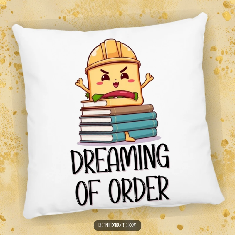 Funny Sandwich Book Balance Pillow: A determined sandwich in a hard hat balances wobbly books, a soft and funny accent pillow.