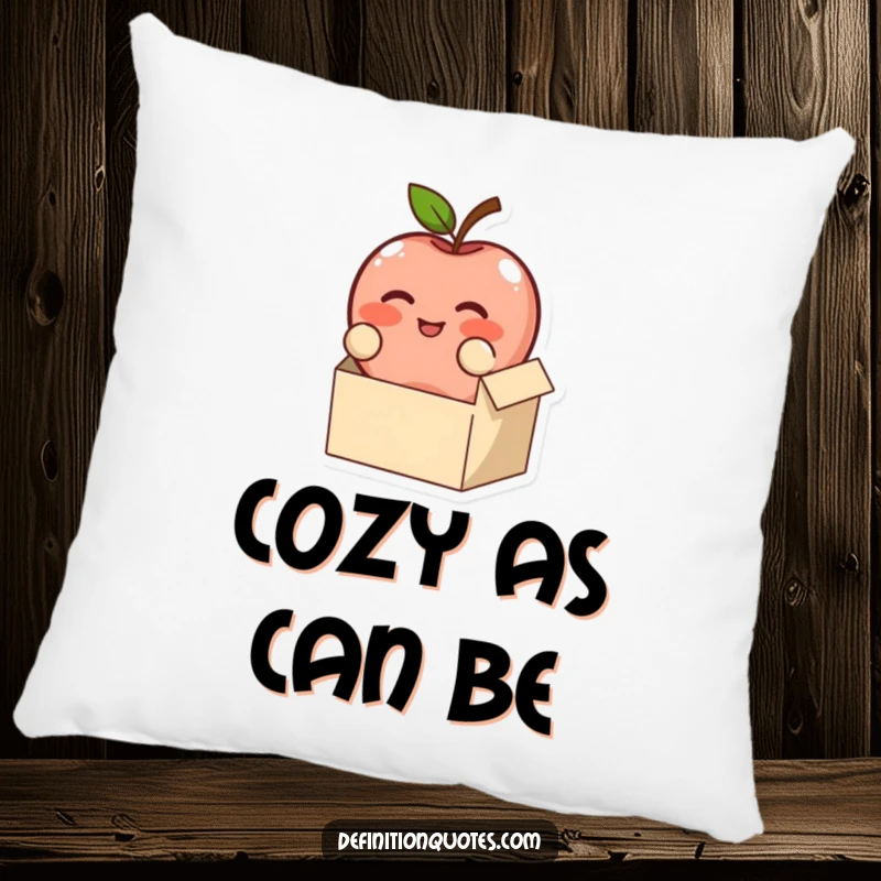 Funny, blushing apple character trying to fit in a box, printed on a soft pillow, a delightfully funny gift.