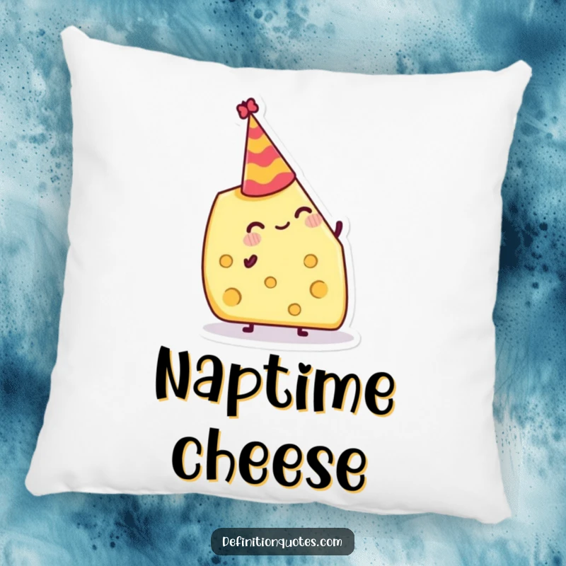 Funny Pillow: Jolly cheese wedge attempting to balance a tiny party hat, soft and festive decor.