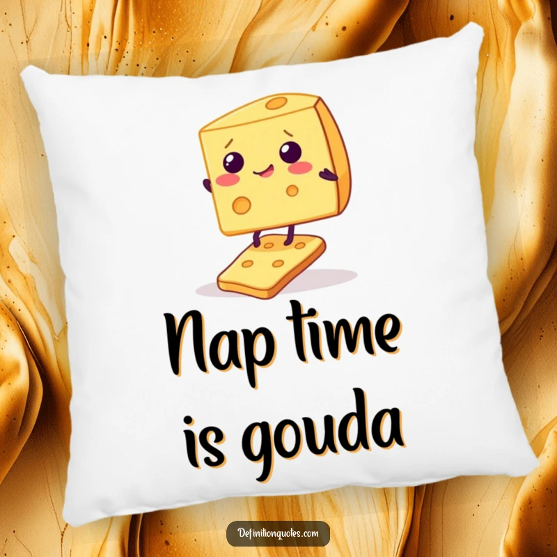 Funny, soft pillow showing a giggling cheese wedge precariously balancing on a single, wobbly cracker, perfect for cozy, humorous decor.