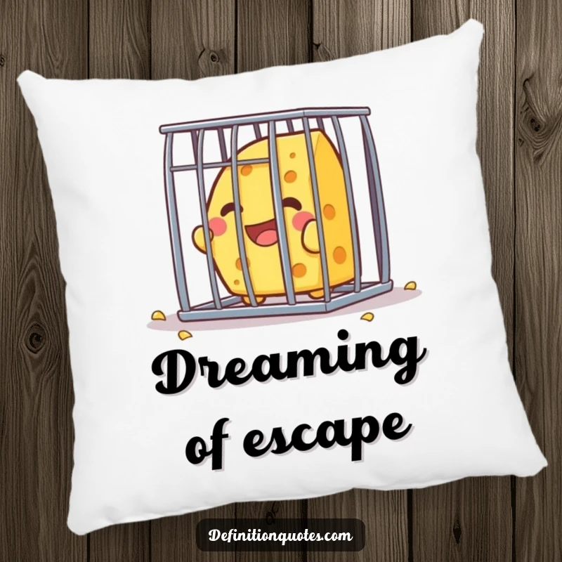 Funny Kawaii cheese character, joyfully trying to escape a small cage, featured on a soft and humorous pillow.