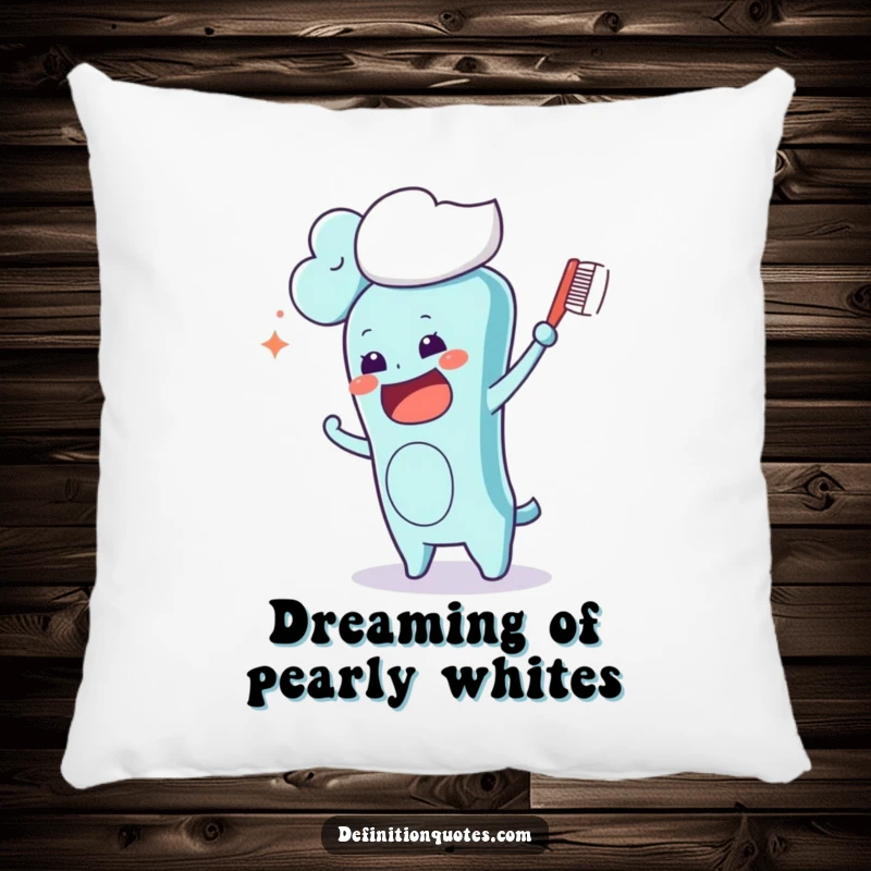 Funny Kawaii toothbrush character humorously brushing a cloud, offering soft and hilarious comfort on a decorative pillow.