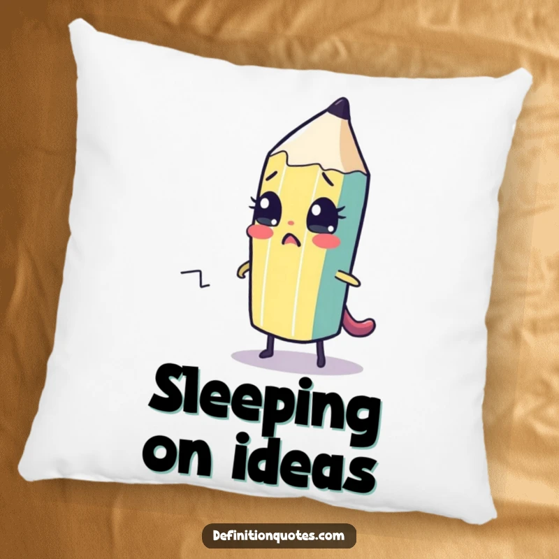 Funny pillow featuring a cute, sentient pencil character nervously drawing its own escape path. Soft and humorous decor.