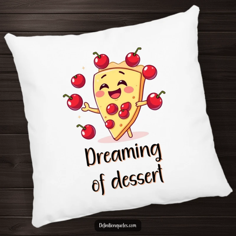 Funny laughing slice of pie juggling cherries on a pillow, offering comfort and a touch of dessert-themed amusement.