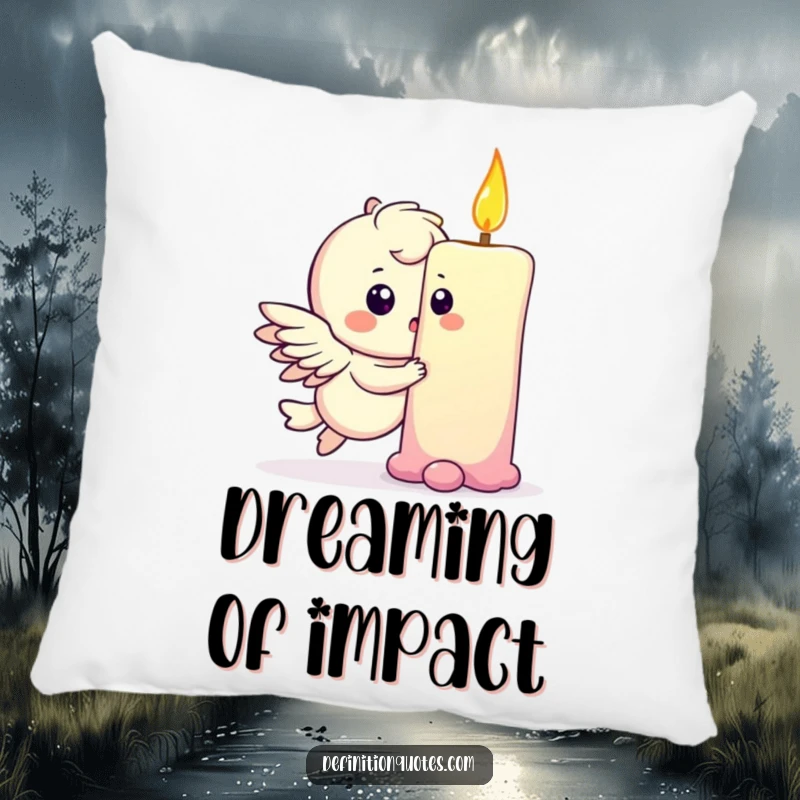 Funny throw pillow showing a playful winged character bumping into a rainbow, leaving a small dent, comfortable and magical.