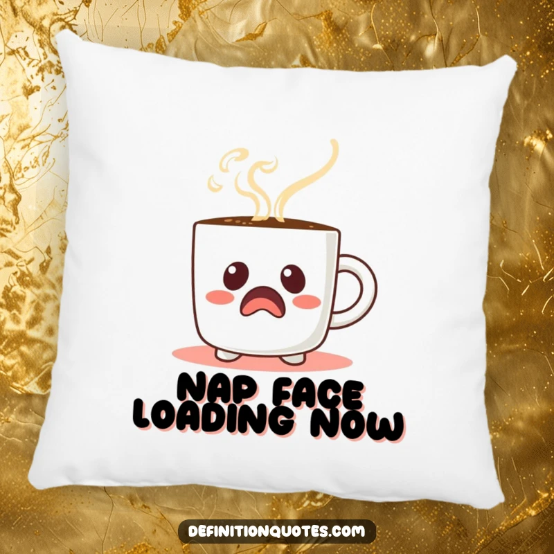 Funny Startled Coffee Mug Pillow: A startled coffee mug character with steam forming a comical face, soft and decorative.