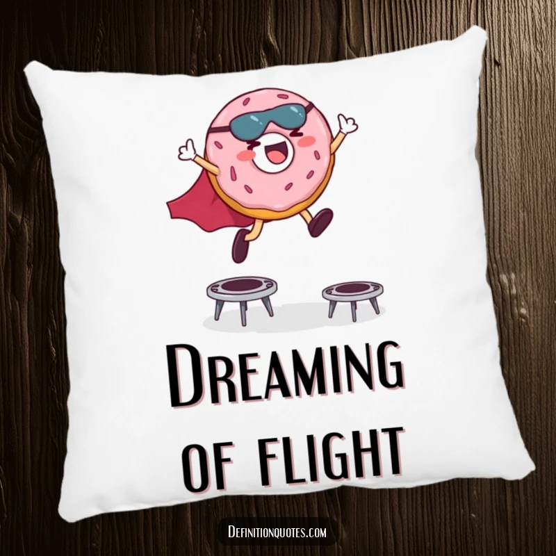 Funny pillow design of a giggling donut character wearing a superhero cape, joyfully leaping over small trampolines.