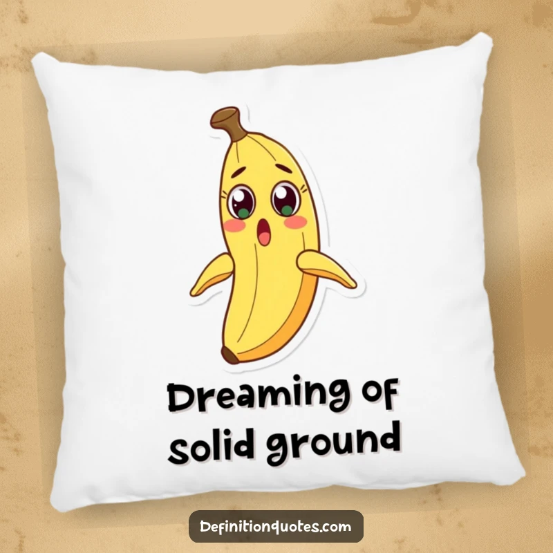 Funny decorative pillow with a startled banana character, eyes bugging out at its sliding peel.