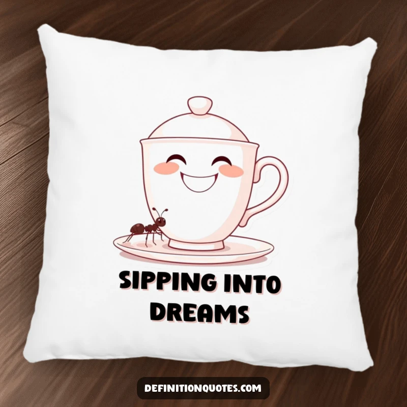 Funny, grinning oversized teacup character being filled by a tiny ant, printed on a soft pillow, a delightfully funny gift.