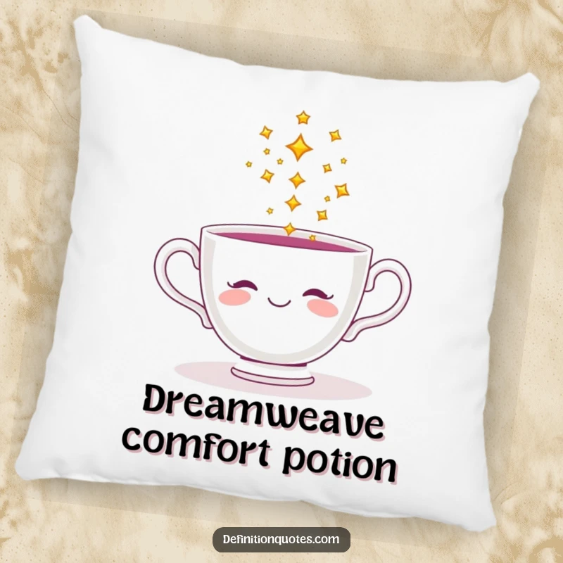 Funny pillow with a smiling teacup pouring sparkling stars, adding comfort and a touch of enchantment.