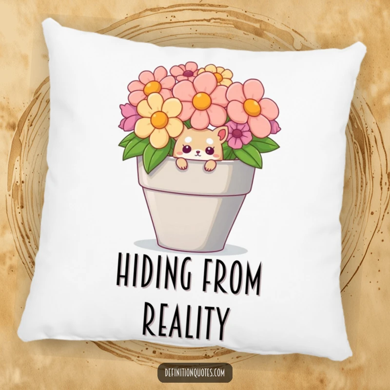 Funny pillow showcasing a small, curious creature peeking from a massive flower pot, offering comfort and humor.