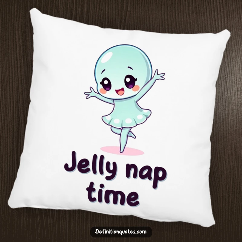 Funny wobbly jelly character striking a dramatic ballet pose on a pillow, offering comfort and dance-themed amusement.