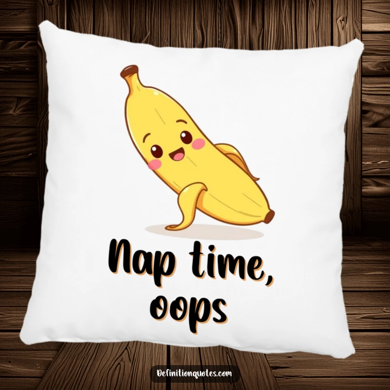 Funny banana character slipping on its peel, on a soft pillow.