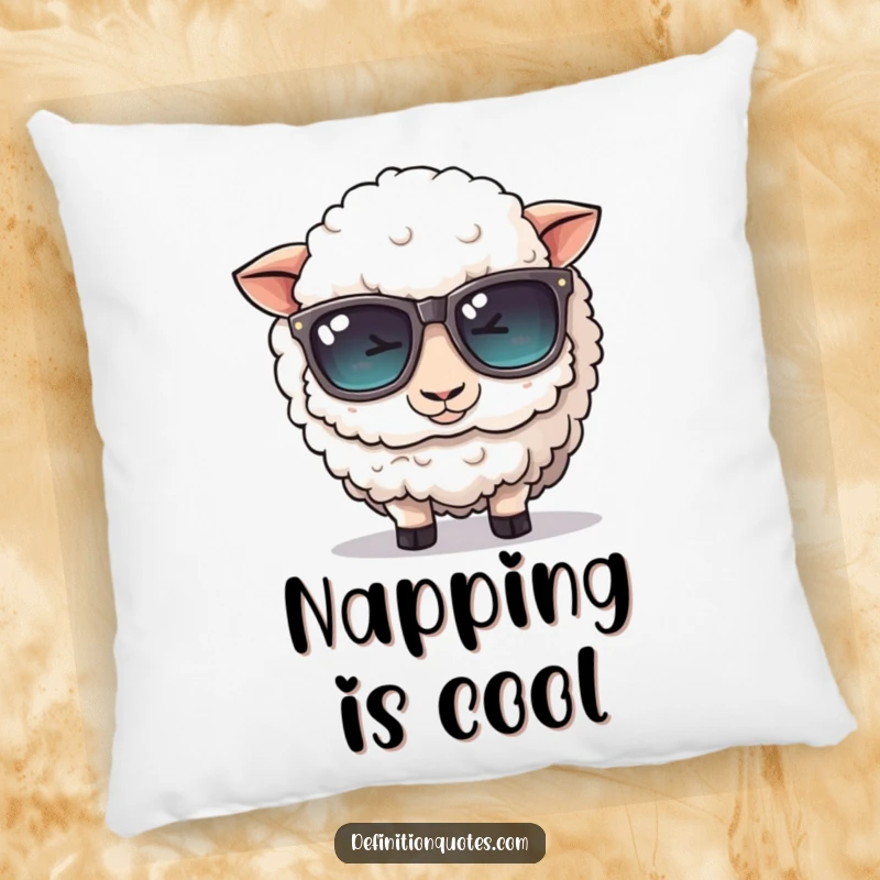 Funny pillow: A cute, fluffy sheep character comically tries to wear oversized sunglasses, providing comfort and farmyard humor.