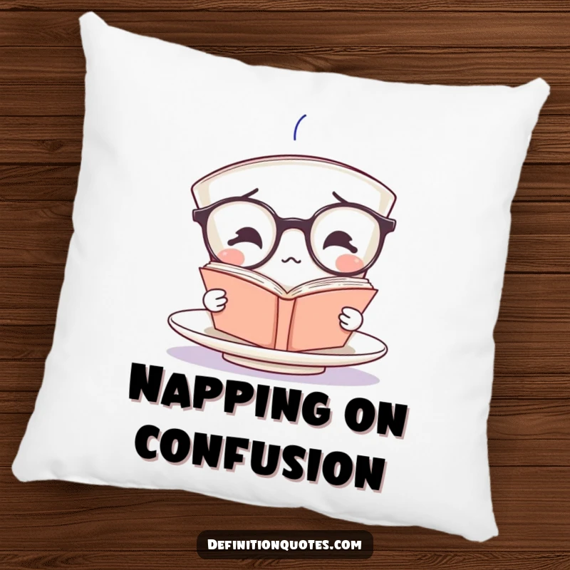 Funny teacup character wearing spectacles, looking confused at a tiny upside-down book, on a decorative pillow.