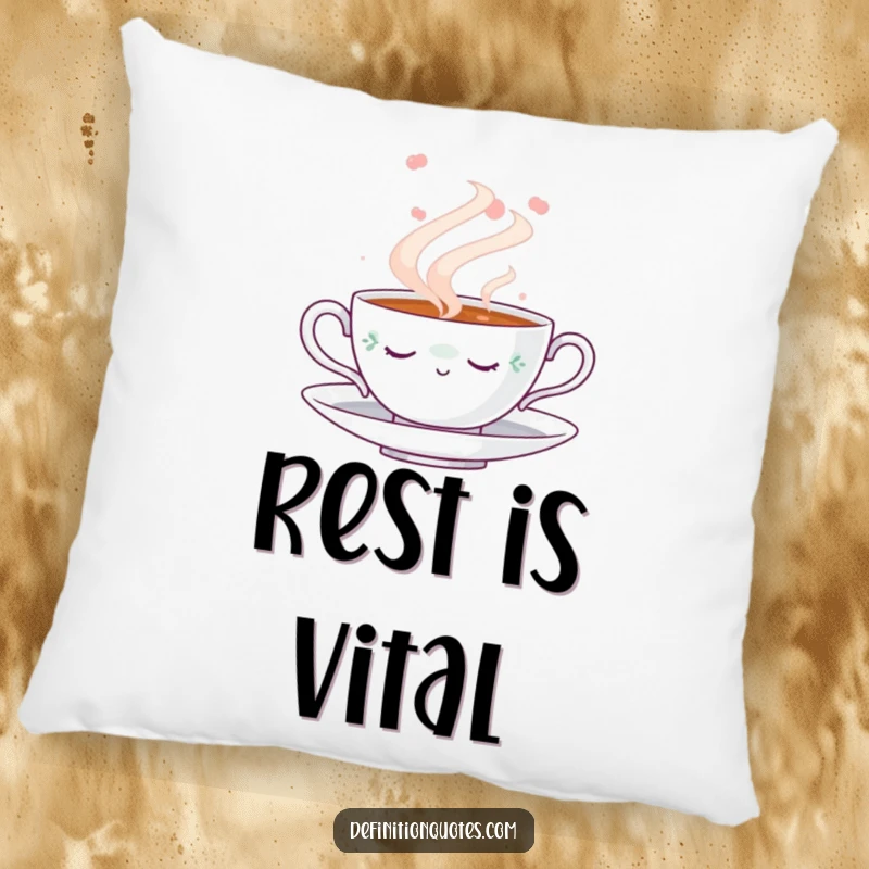 Funny Napping Teacup Pillow: Soft throw pillow with a delightful illustration of a napping teacup surrounded by gentle steam, a funny accent piece.