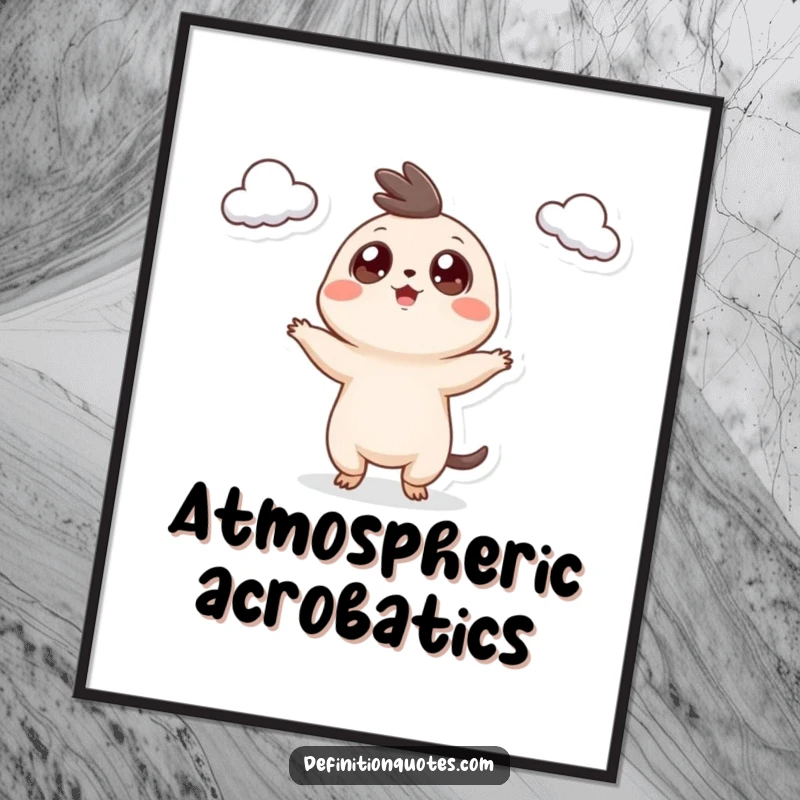 Funny Digital Art Print: A tiny creature with googly eyes joyfully juggling three small clouds, a whimsical and funny illustration.