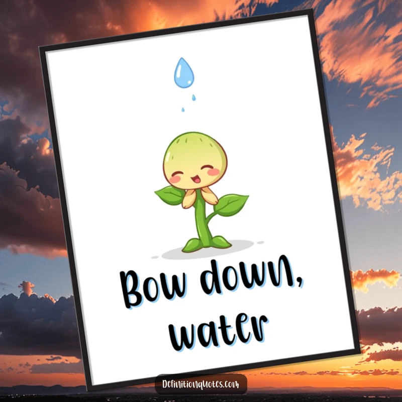 Funny happy little sprout dramatically bowing to a falling raindrop as digital art, bringing instant humble charm.