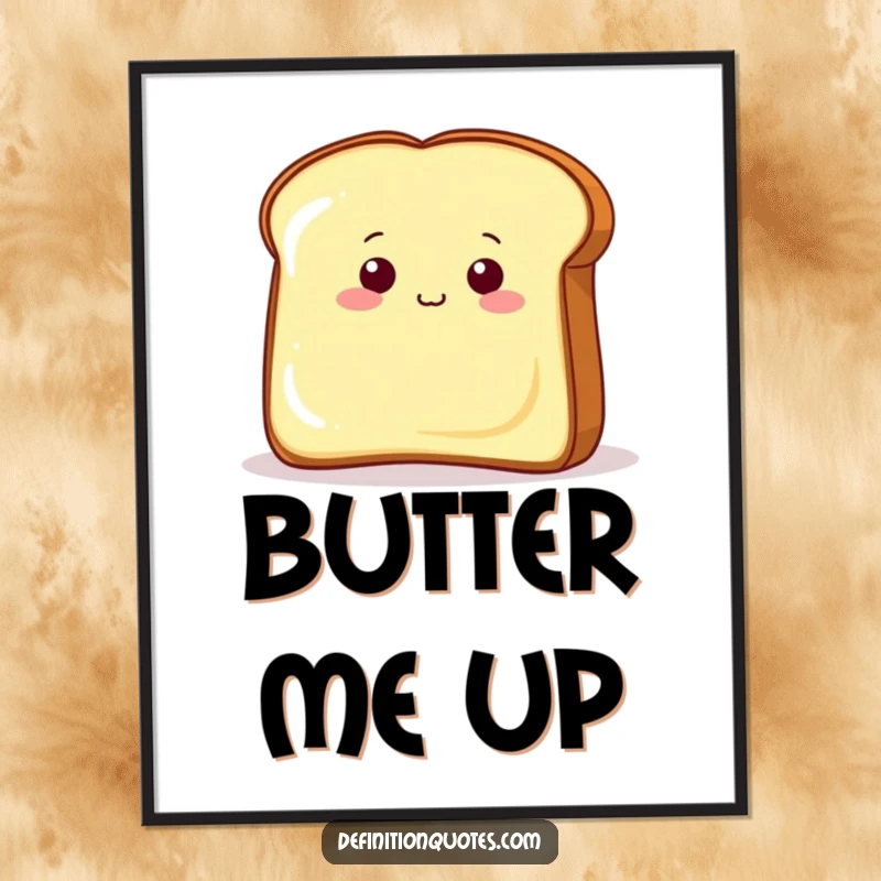 Funny piece of toast peeking from behind a giant butter pat, presented as humorous digital art for breakfast lovers.