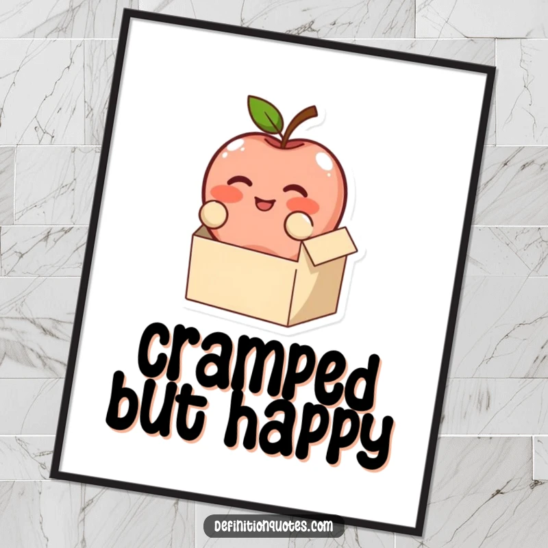 Funny, blushing apple character comically trying to fit in a box, as a digital art print, a perfect funny gift.