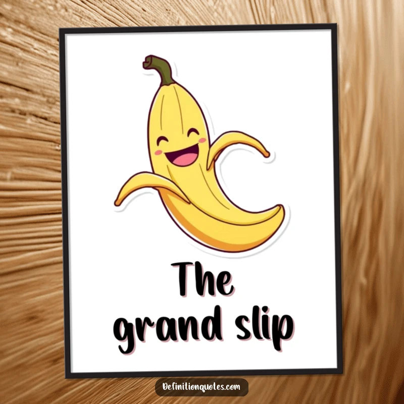 Funny Banana Peel Slip Digital Art Print: High-resolution download of a grinning banana peel comically slipping with exaggerated flair, a funny digital decoration.