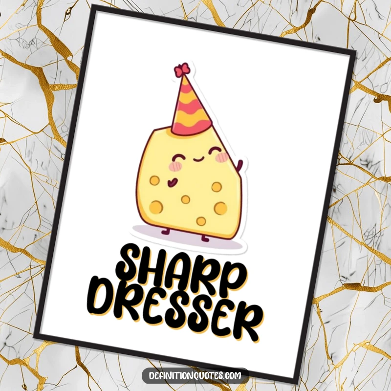 Funny Digital Art Print: Jolly cheese wedge attempting to balance a tiny party hat, ideal for humorous foodie decor.