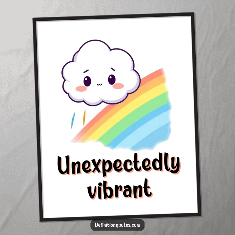 Funny digital art print of a surprised cloud looking at a rainbow it accidentally created, creating instant whimsical decor.