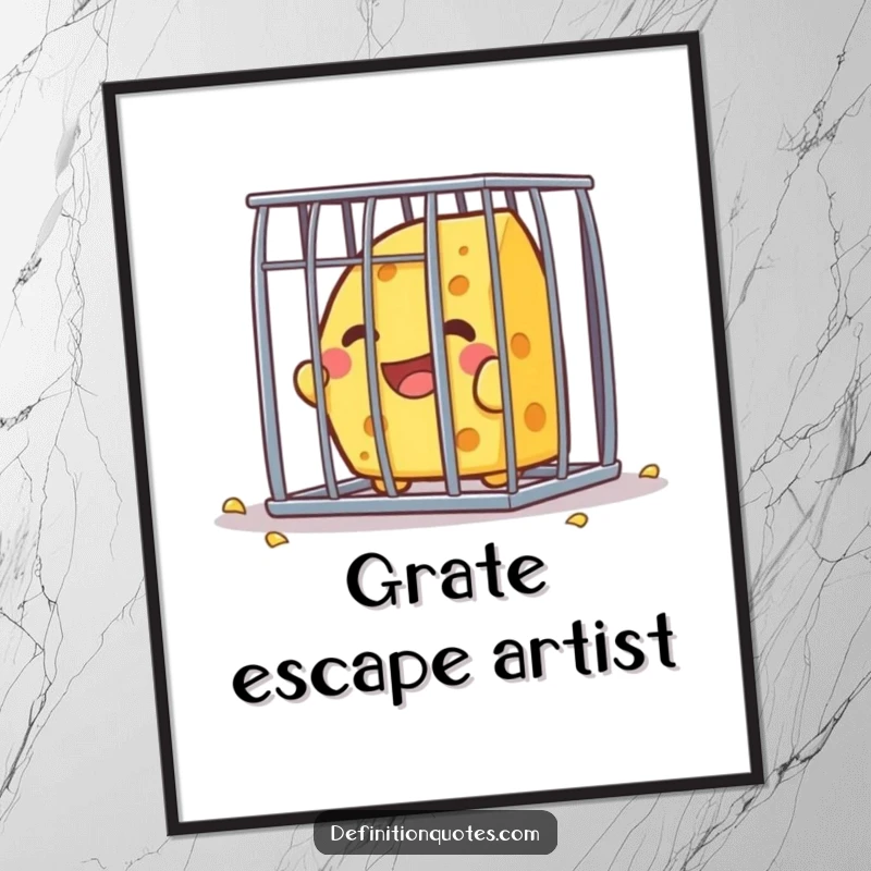 Funny Kawaii cheese character, full of glee, attempting to break out of a tiny cage, presented as digital art for humorous decor.