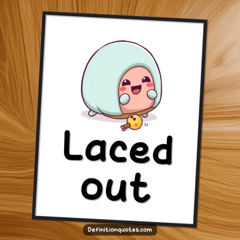 Funny Kawaii house slipper character hilariously tripping over its laces, as a humorous digital art print. Funny wall decor.