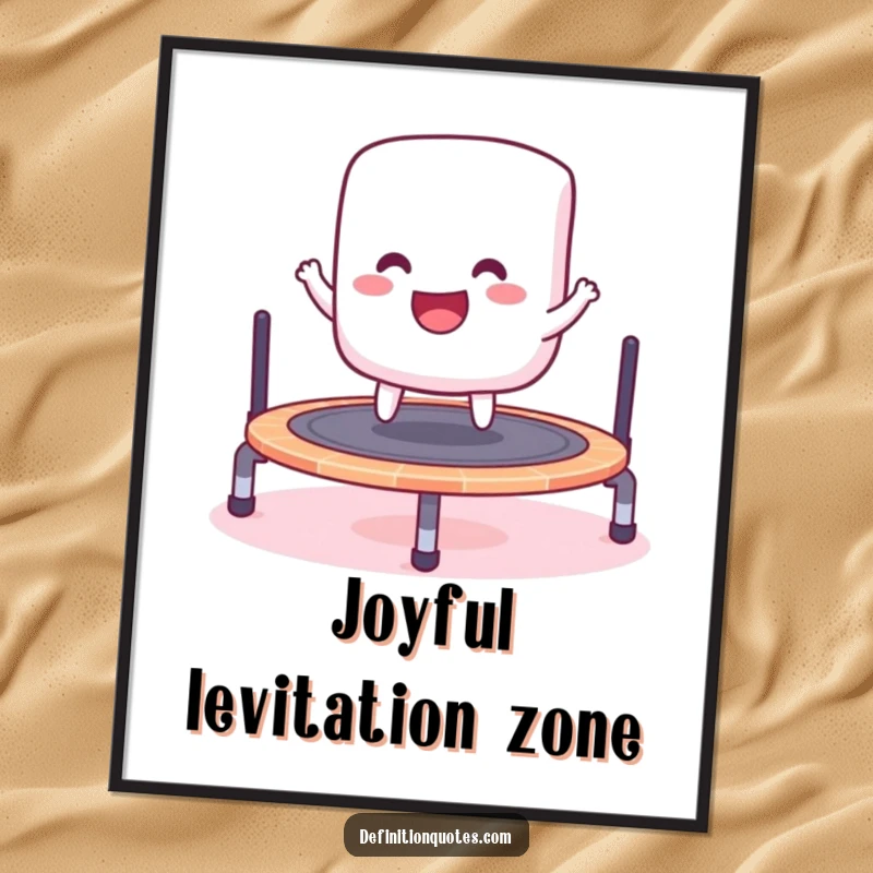 Funny digital art print of a cheerful marshmallow gleefully bouncing on a miniature trampoline, creating instant playful decor.