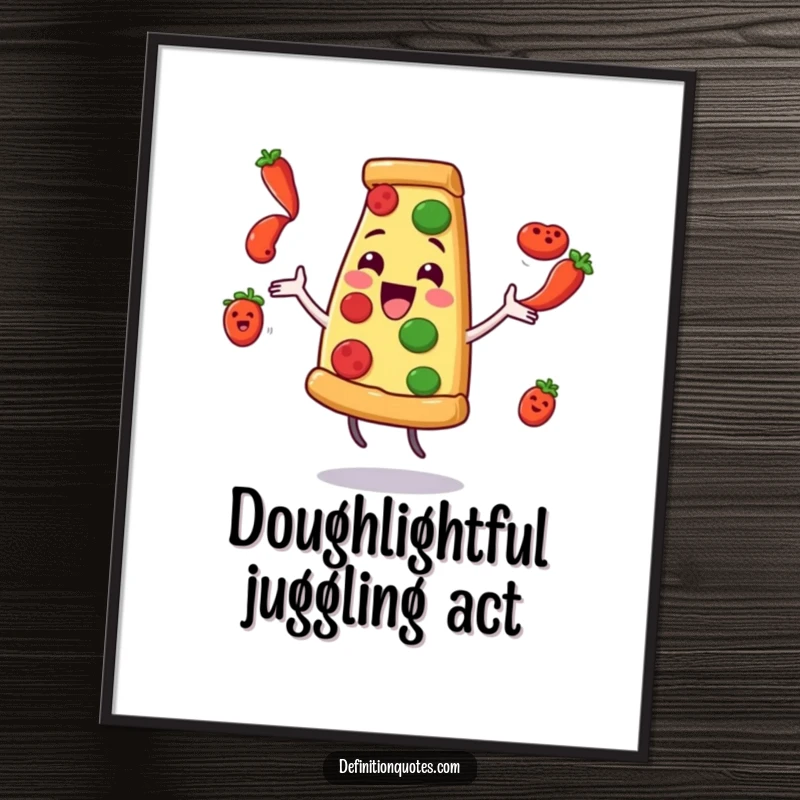 Funny Pizza Juggling Pepperoni Digital Art Print: A delighted pizza character comically juggles flying pepperoni, instant wall art.
