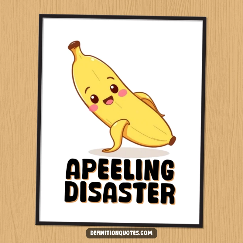 Funny banana character slipping on its peel with a surprised expression, as digital art.