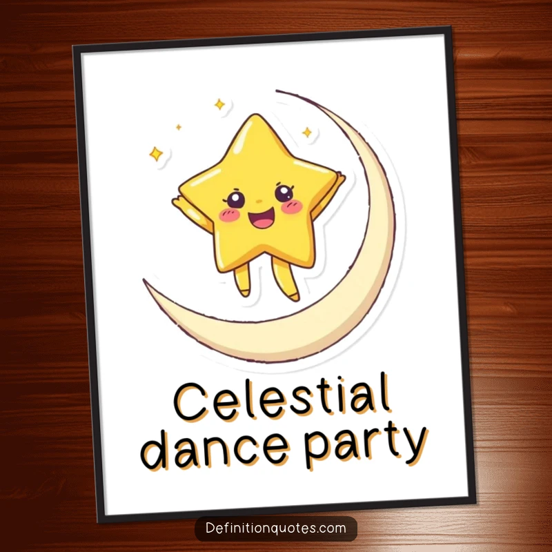 Funny digital art of a joyful star dancing on a crescent moon, ready to be printed for enchanting home decor.