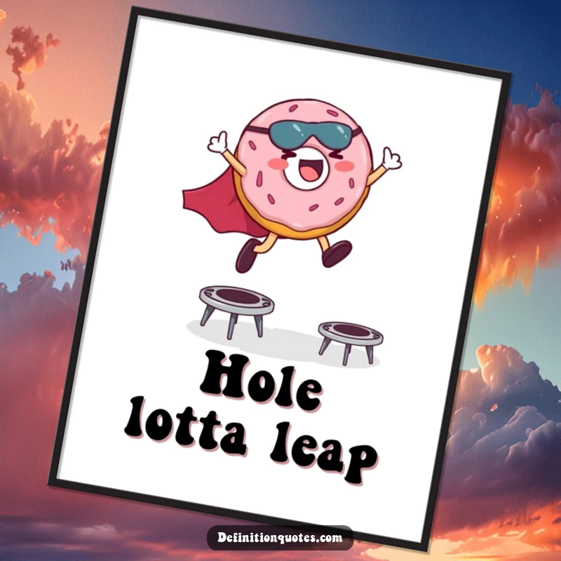 Funny digital art print of a giggling donut character in a superhero cape leaping high over small trampolines.