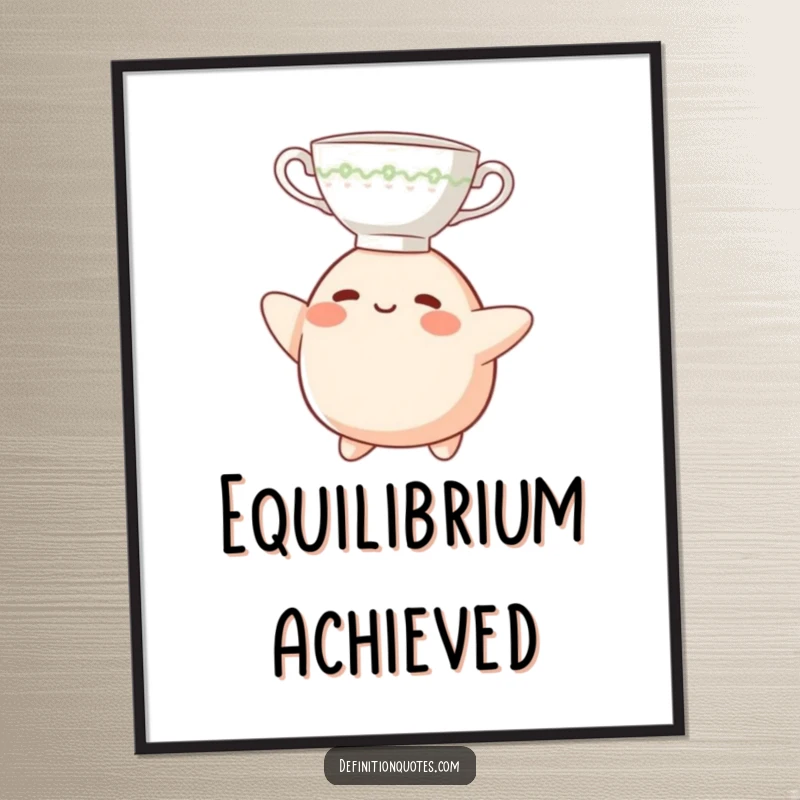 Funny Digital Art Print: A small, happy blob character balancing a teacup on its head, a whimsical and funny illustration.