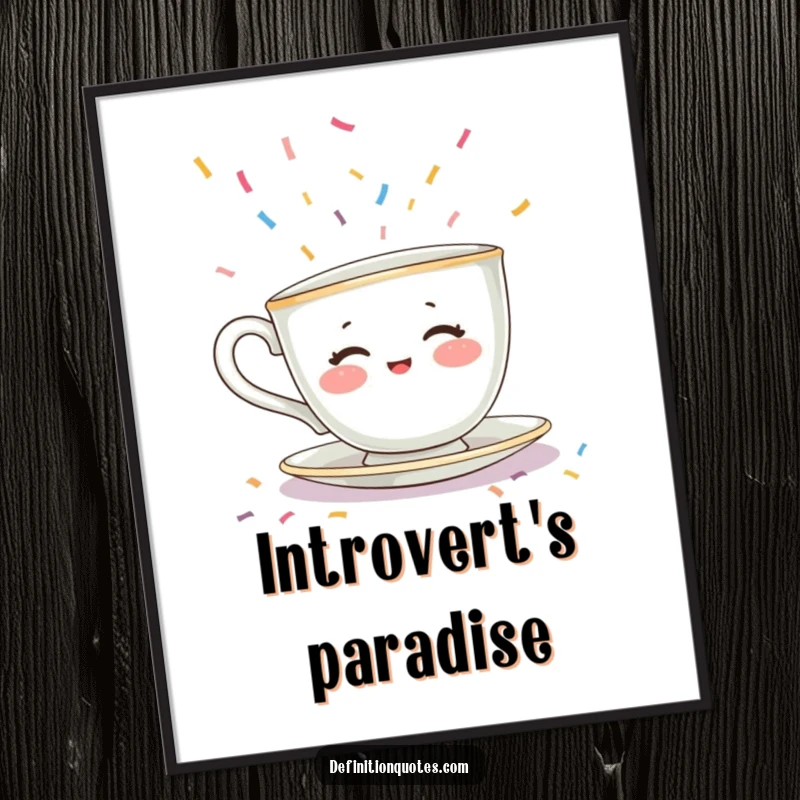 Funny digital art print of a shy teacup character with rosy cheeks hiding from falling confetti, a humorous and instant introvert gift.