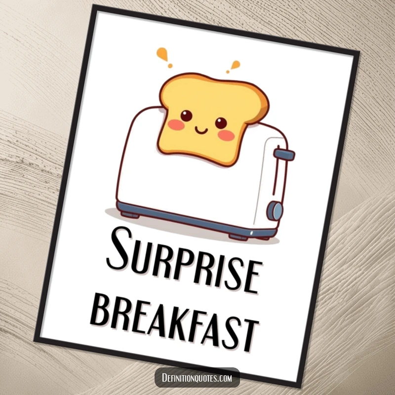 Funny digital art of a smiling piece of toast with a surprised face, popping out of its toaster.