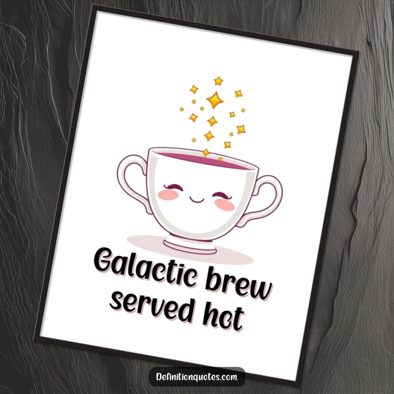 Funny digital art print of a smiling teacup pouring a stream of tiny, sparkling stars, creating instant whimsical decor.