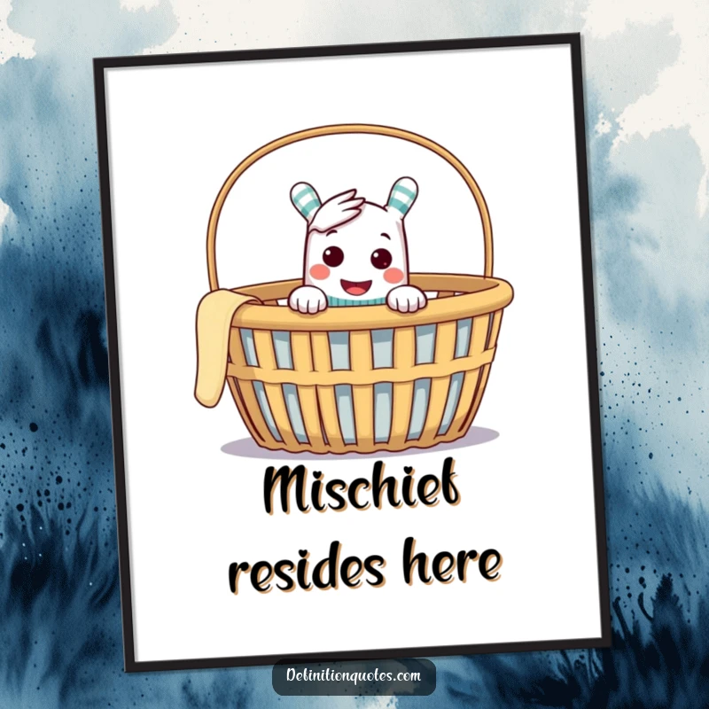 Funny digital art print of a cheeky sock puppet peeking from an empty laundry basket, capturing a moment of pure mischief.