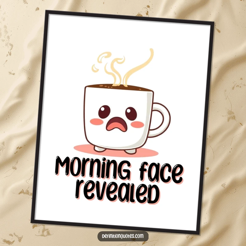 Funny Startled Coffee Mug Digital Art Print: A startled coffee mug character with comical steam face, instant wall art.