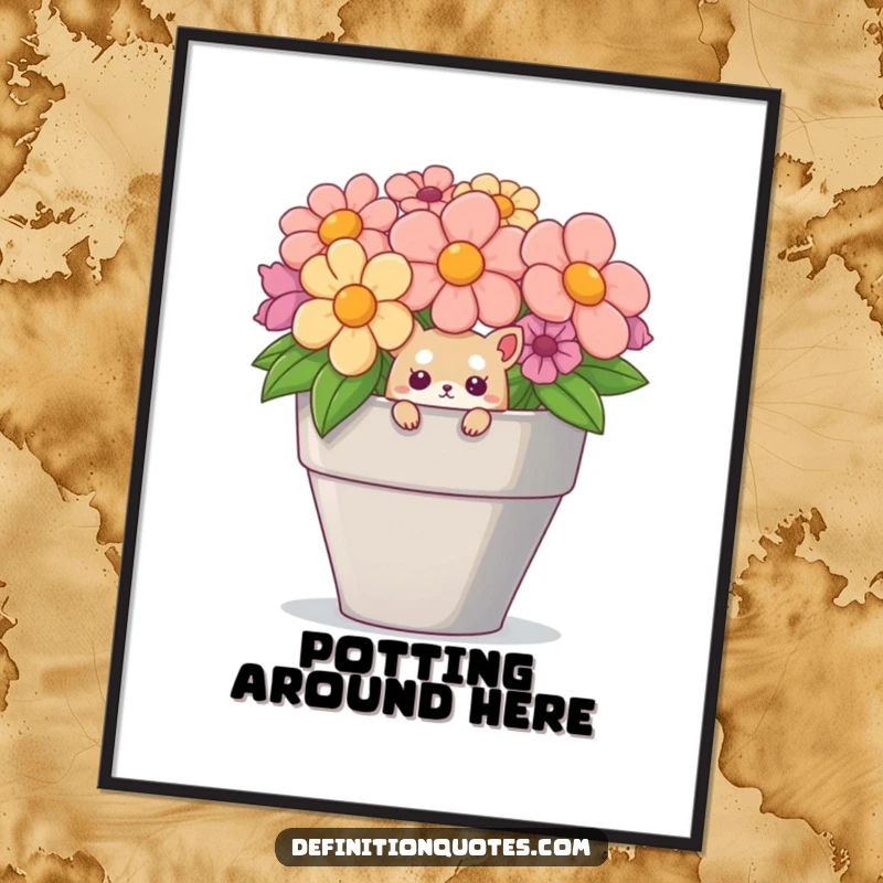 Funny digital art of a curious small creature peeking out of a ridiculously large flower pot, whimsical and humorous.