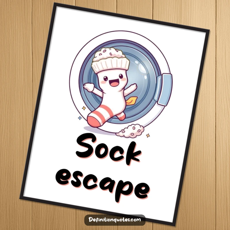 Funny sock character escaping a spinning washing machine, leaving colorful fluff, as a digital art print.
