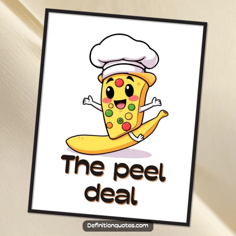 Funny digital art print of a pizza slice character in a chef hat slipping on a banana peel, instantly downloadable humor.