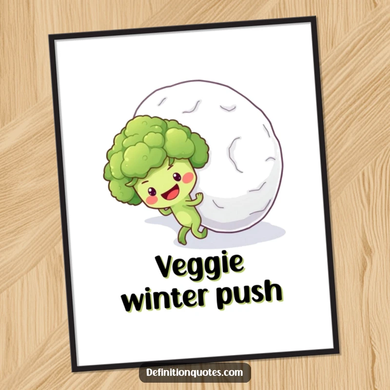 Funny digital art print of an optimistic broccoli floret character pushing a massive snowball up a steep hill.