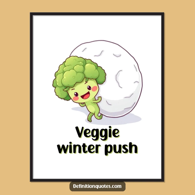 Funny Broccoli Snowball Digital Art: Optimistic Veggie Uphill Print